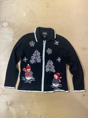 Designers Originals Black Holiday Snowmen Zip Front Jacket PM (RB)